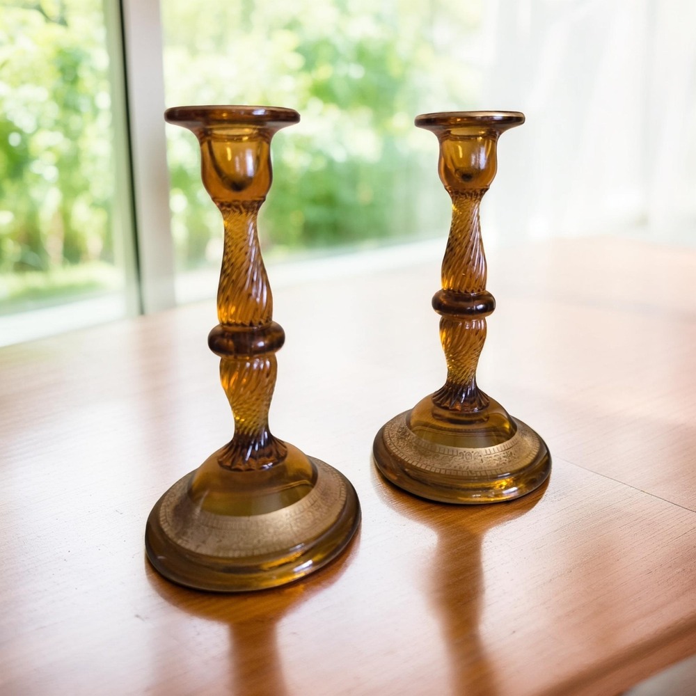 Vintage Amber Candlestick Holder Set Of Two Indiana Glass-Tiffin Glass MCM ...